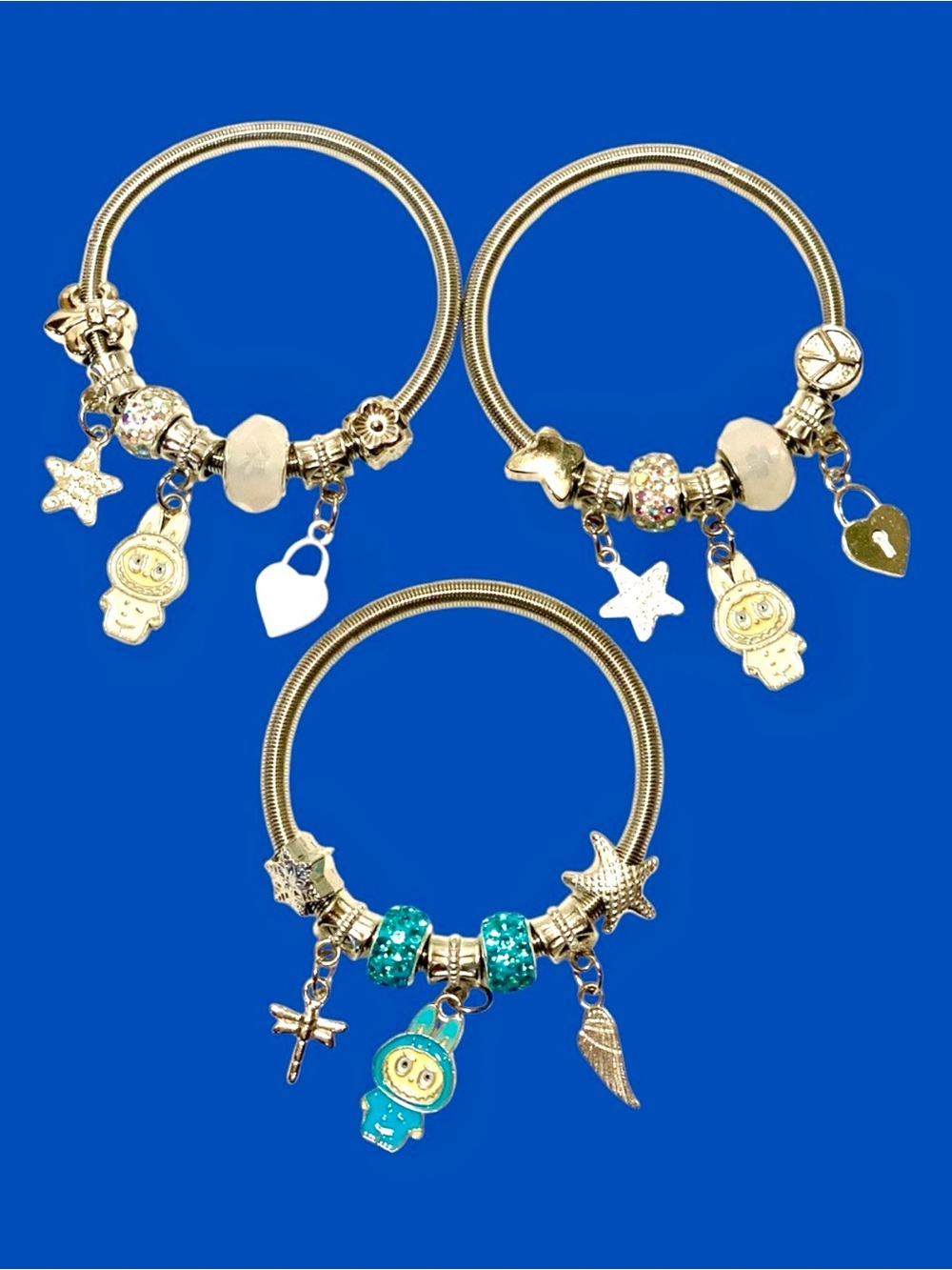 Lot of 3 Labubu  7” wrist & stretch Silvertone charm bracelet in blue & white